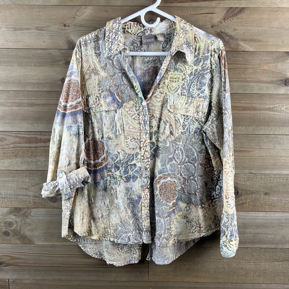 Chicos Womens Shirt Long Roll Tab Sleeve Button Up Paisley Boho Slit Back 3 XL